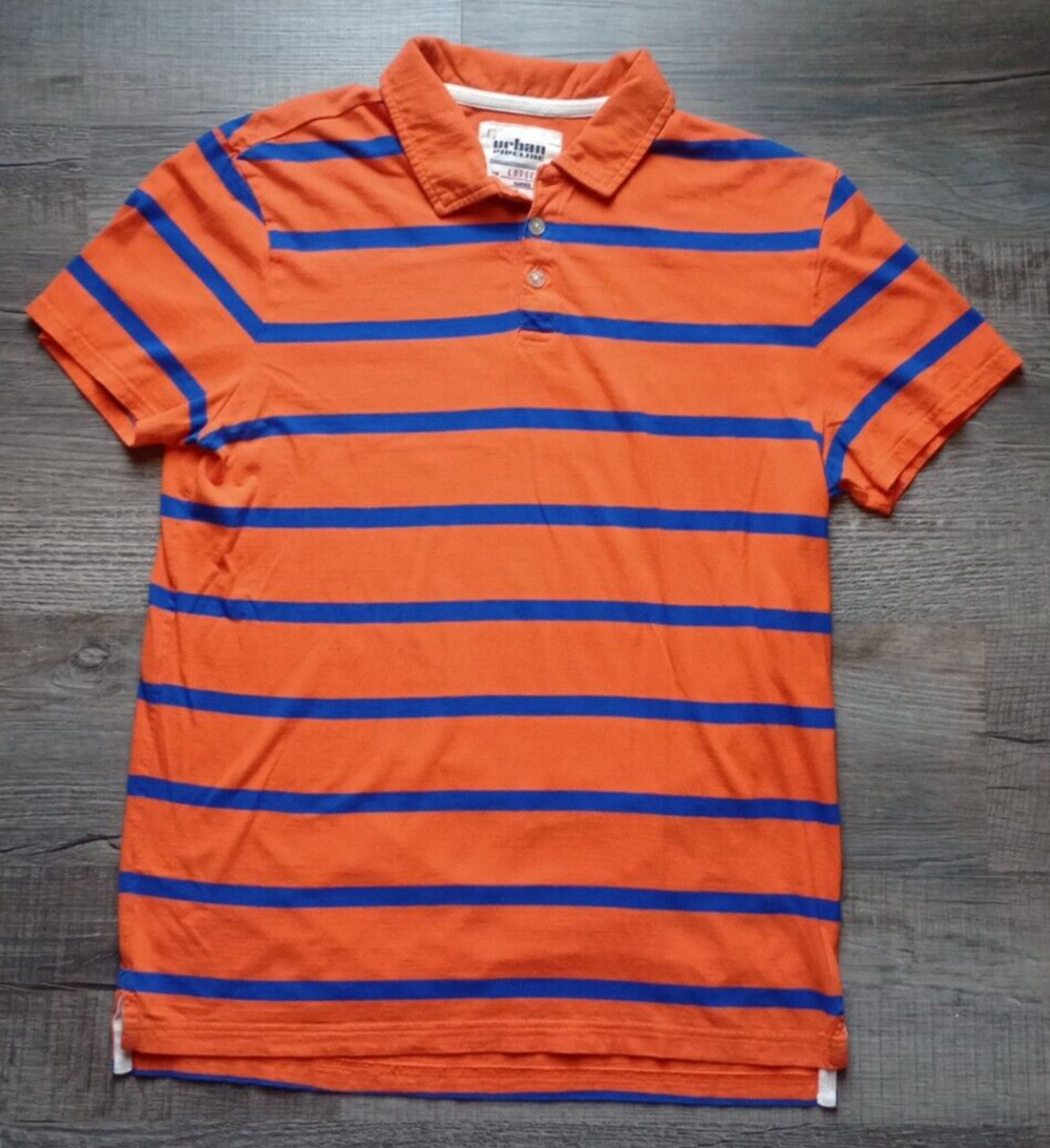 Urban Pipline Mens L Orange Blue Striped 1/4 Button Short Sleeve Polo Shirt